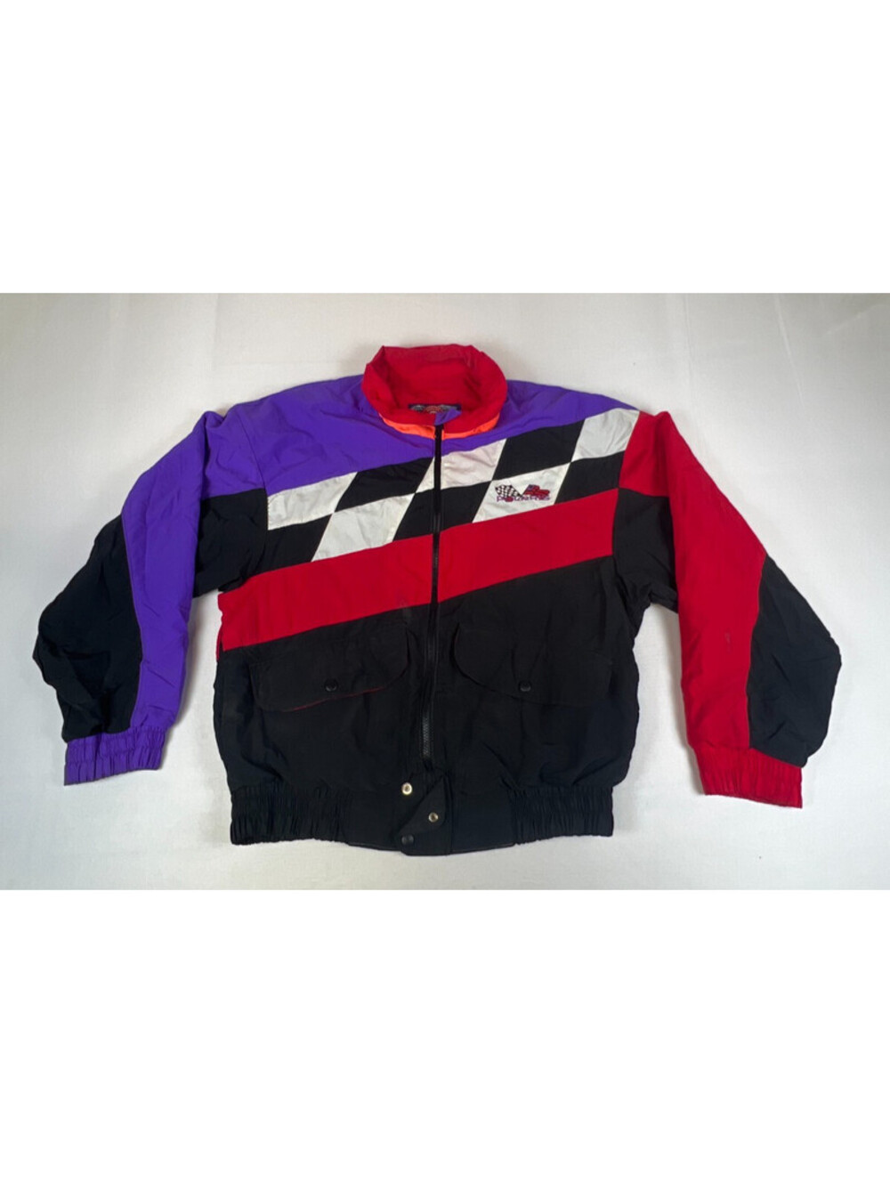 VTG 90s Polaris Garments Racing Jacket Checkered Colorblock Windbreaker Men M